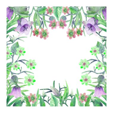 Romantik çelenk. Mutlu düşünüyorum. Kartvizit şablonları. Kır çiçekleri suluboya