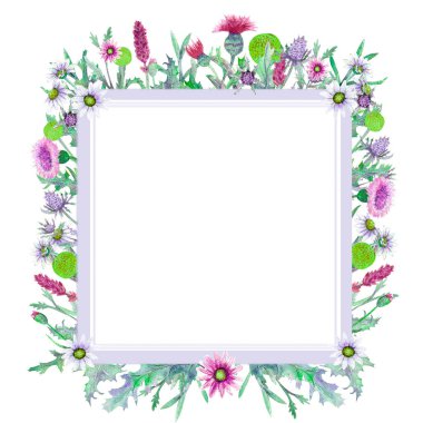 Square flower frame. Romantic wreath. Think happy. Business card templates. Wildflowers in watercolor.