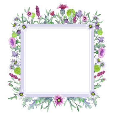 Square flower frame. Romantic wreath. Think happy. Business card templates. Wildflowers in watercolor.