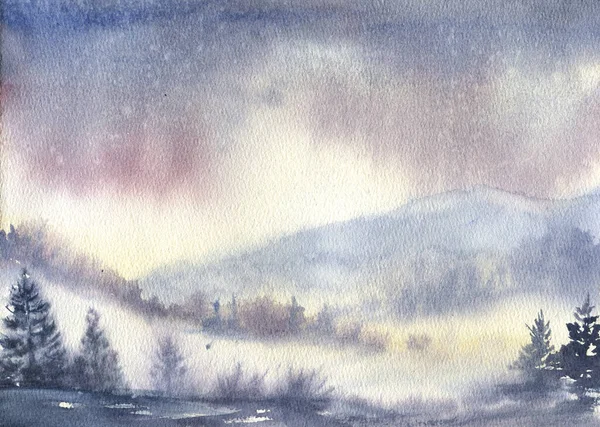 Paesaggio con nebbioso bosco invernale e montagne. Illustrazione ad acquerello. Pittura orientale — Foto Stock