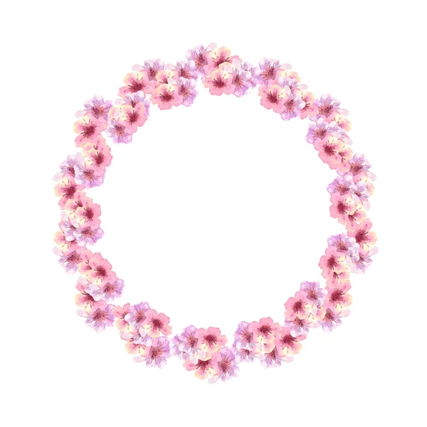 Una corona de flores de sakura rosa primavera sobre un fondo blanco aislado. Ilustración en acuarela — Foto de Stock