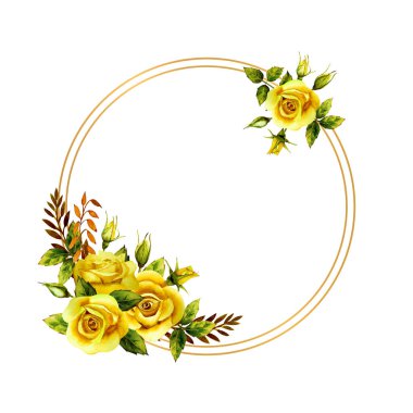 Geometrik altın çerçeve ve suluboya sarı güller.