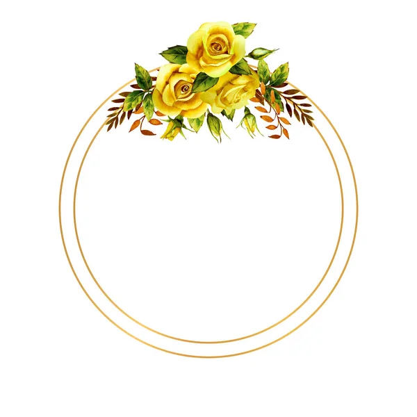 Geometryczna złota ramka z bukietem akwarelowych żółtych róż — Zdjęcie stockowe