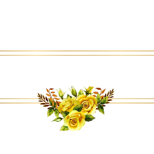 Geometric gold frame with a bouquet of watercolor yellow roses — Stock Photo, Image