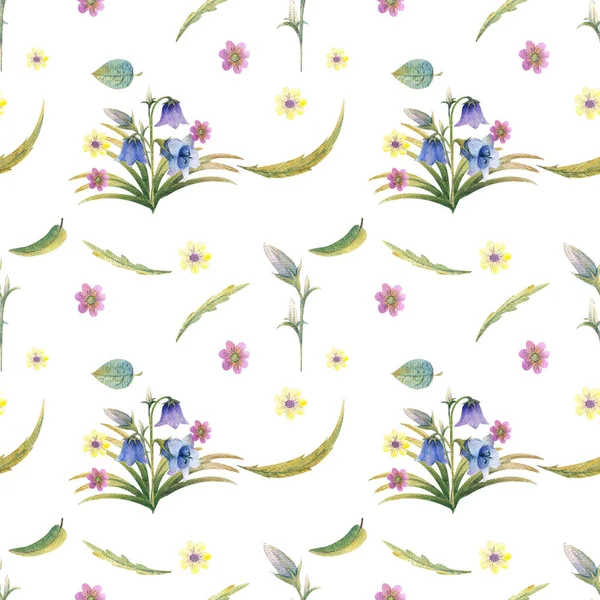 Nahtloses Muster mit Frühlingsblumen und Blättern. Handgezeichneter Hintergrund. Blumenmuster für Tapete oder Stoff. — Stockfoto