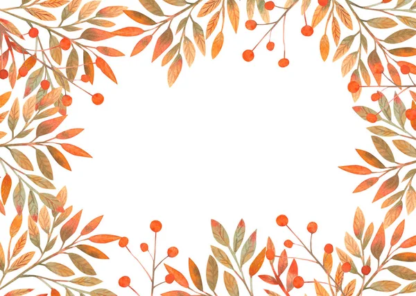 Rahmen mit Herbstblättern auf weißem isolierten Hintergrund. horizontale Rahmenorientierung. Aquarellkompositionen für die Gestaltung von Grußkarten oder Einladungen. — Stockfoto