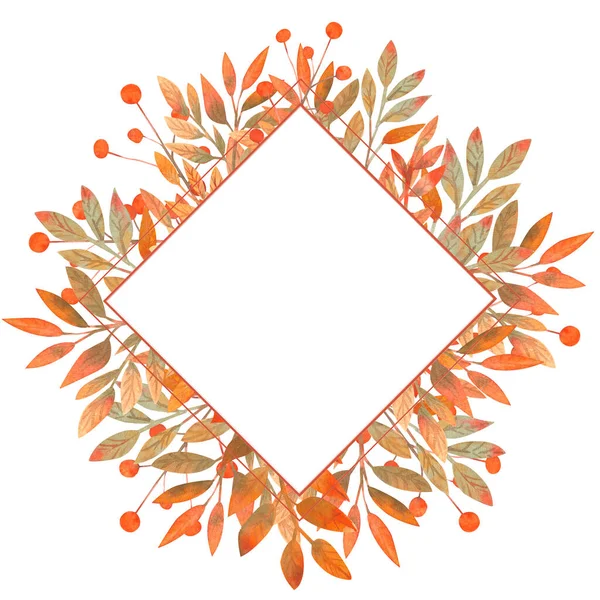 Diamantförmiger Rahmen mit Herbstblättern auf weißem Hintergrund. Aquarellillustration. — Stockfoto
