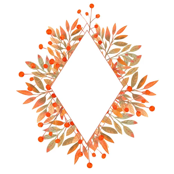 Diamantförmiger Rahmen mit Herbstblättern auf weißem Hintergrund. Aquarellillustration. — Stockfoto