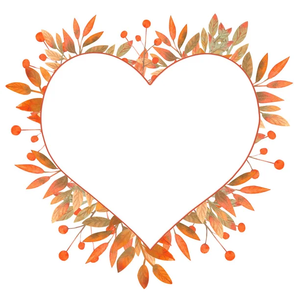 Rámeček ve tvaru srdce s podzimními listy na bílém izolovaném pozadí. Obrázek barvy akvarelu. — Stock fotografie