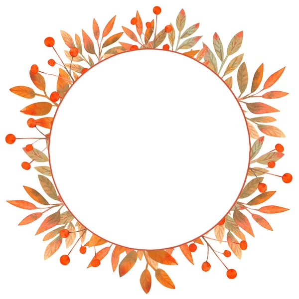 Round frame with autumn leaves on white isolated . Watercolor illustration. — Stock Photo, Image