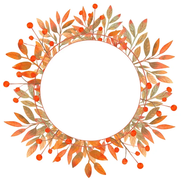 Quadro redondo com folhas de outono em branco isolado. Ilustração aquarela. — Fotografia de Stock
