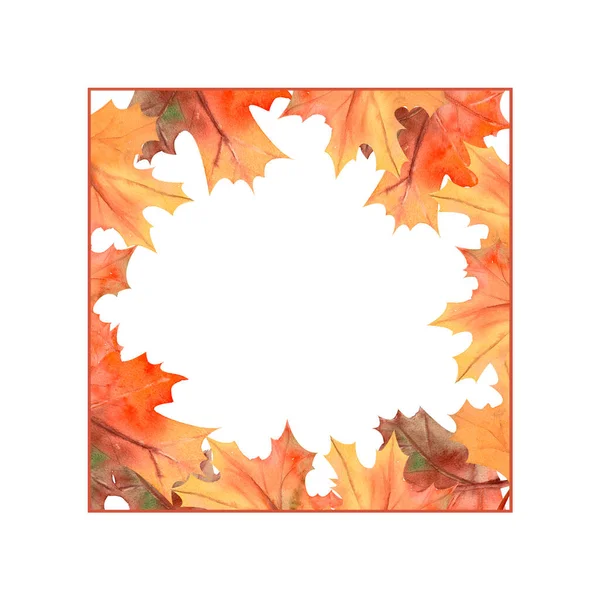 Quadratischer Rahmen mit Herbstblättern auf weißem isolierten Hintergrund. Aquarellillustration. — Stockfoto