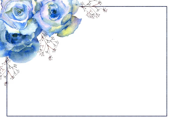 Frame with floral watercolor illustration. Blue roses on white isolated background. Bright flowers, leaves, for wedding stationery, greetings, Wallpaper, fashion, background, texture, packaging. — Stock Photo, Image