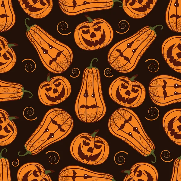 Bezproblémový vzor na tmavém pozadí na dovolené - Halloween. Dýně, duch, netopýr. Vektorová ilustrace — Stockový vektor