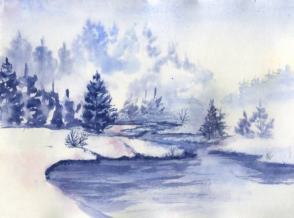 안개낀 겨울 숲, 강, 산 이 있는 풍경. 워터 컬러 일러스트. 동양의 그림 — 스톡 사진
