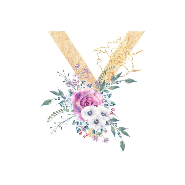 Letra dorada y del alfabeto inglés con un ramo de rosas púrpura y anémonas sobre un fondo blanco aislado. Acuarela dibujada a mano ilustración — Foto de Stock