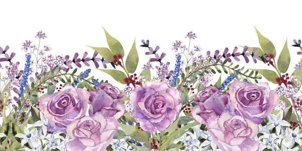 Borde sin costuras con rosas púrpuras y anémonas. Acuarela dibujada a mano ilustración — Foto de Stock