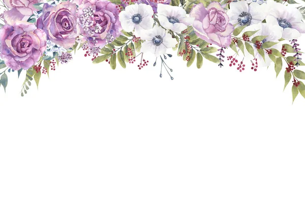 자주색 장미와 흰 배경에 유리 꽃병에 말미잘이 들어 있는 기하학적 인 꽃무늬. 손으로 그린 수채화 삽화 — 스톡 사진