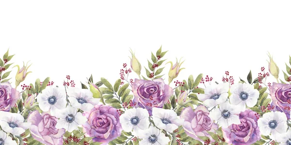 无缝隙的边界与紫色的玫瑰和海葵。手绘水彩画 — 图库照片
