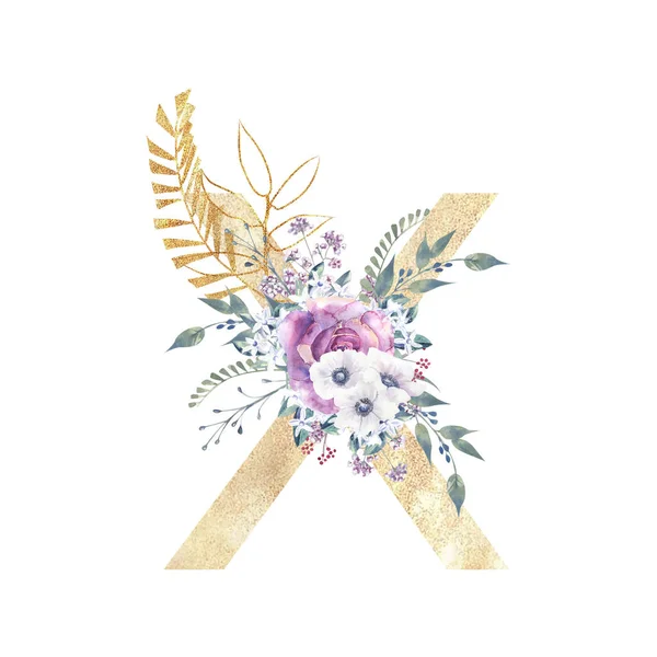 Letra dorada x del alfabeto inglés con un ramo de rosas púrpura y anémonas sobre un fondo blanco aislado. Acuarela dibujada a mano ilustración — Foto de Stock