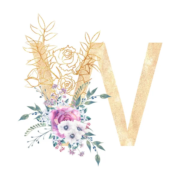Letra dorada w del alfabeto inglés con un ramo de rosas púrpura y anémonas sobre un fondo blanco aislado. Acuarela dibujada a mano ilustración — Foto de Stock