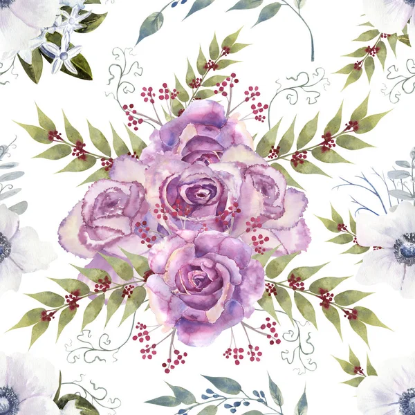 Nahtlose Muster mit lila Rosen und Anemonen auf weißem, isoliertem Hintergrund. Handgezeichnete Aquarell-Illustration — Stockfoto