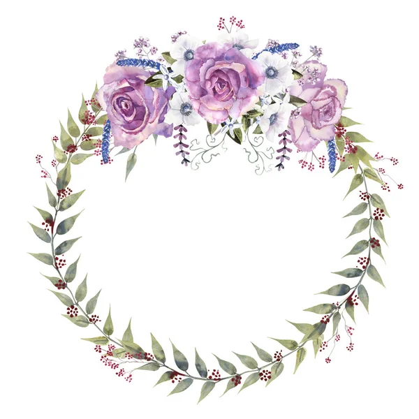 Mor güllü çiçek çelengi ve beyaz yalıtılmış arka planda şakayık. El çizimi suluboya çizimi