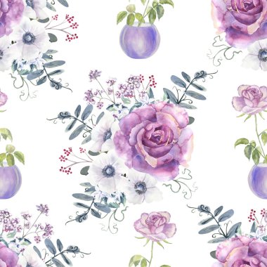 Mor güller ve beyaz yalıtılmış arka planda şakayık desenleri. El çizimi suluboya çizimi