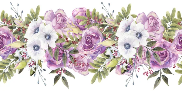 Seamless border with purple roses and anemones. Hand-drawn watercolor illustration — Stock Photo, Image