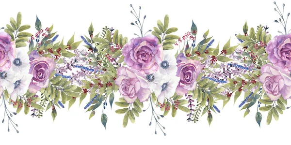 Seamless border with purple roses and anemones. Hand-drawn watercolor illustration — Stock Photo, Image
