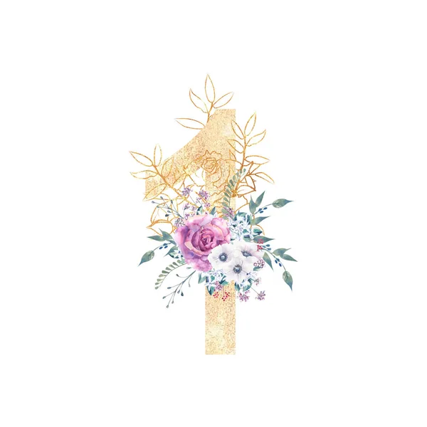 Diseño de un número dorado 1 con ramos de flores de rosas púrpuras, anémonas, etc. Decoración. Ilustración en acuarela sobre fondo blanco. Invitaciones de boda y cumpleaños — Foto de Stock