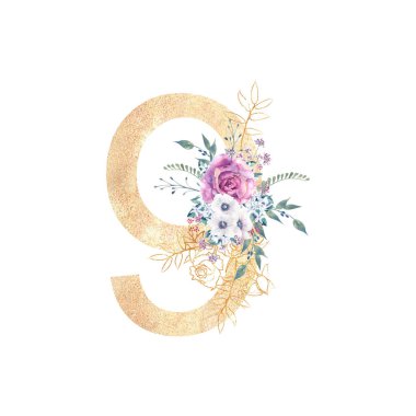 Mor güllerden, şakayıklardan vb. buketleri olan 9 numaralı bir altın dizayn. Dekor. Beyaz arkaplanda suluboya çizimi. Düğün ve doğum günü davetiyeleri