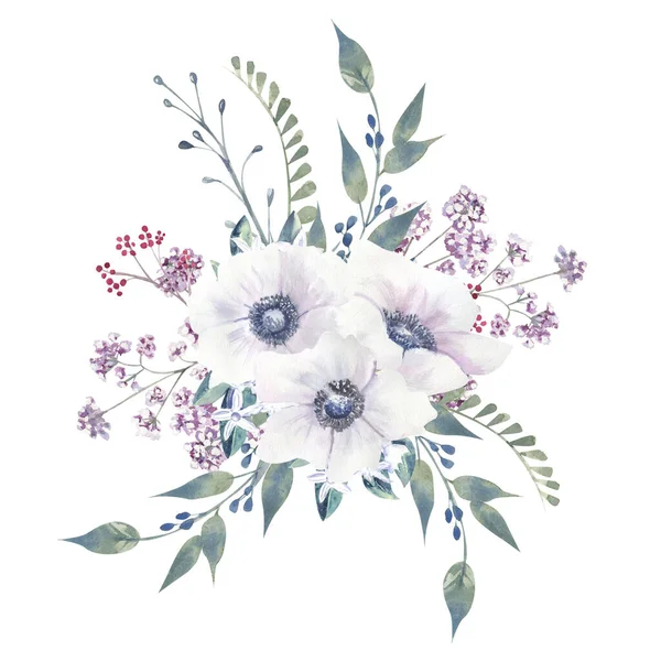 Blomma buketter med lila rosor och anemoner pÃ ¥en vit isolerad bakgrund. Handritad akvarell illustration — Stockfoto