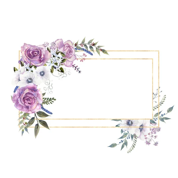 Marco floral geométrico con rosas moradas y anémonas en un jarrón de vidrio sobre un fondo blanco aislado. Acuarela dibujada a mano ilustración — Foto de Stock