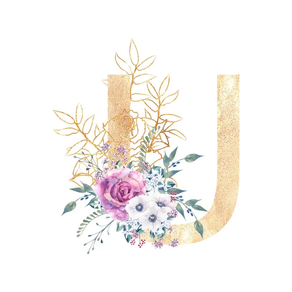Letra u dorada del alfabeto inglés con un ramo de rosas púrpuras y anémonas sobre un fondo blanco aislado. Acuarela dibujada a mano ilustración — Foto de Stock