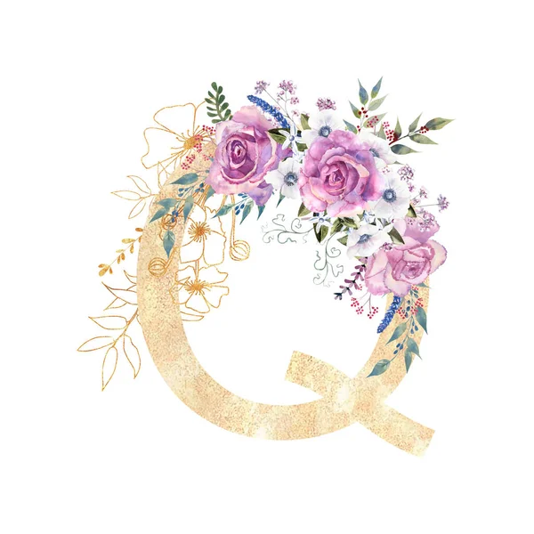Letra dourada Q do alfabeto inglês com um buquê de rosas roxas e anêmonas em um fundo branco isolado. ilustração aquarela desenhada à mão — Fotografia de Stock
