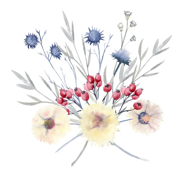 Akvarel kytice s divokými květy. Zimní svatební kytice — Stock fotografie