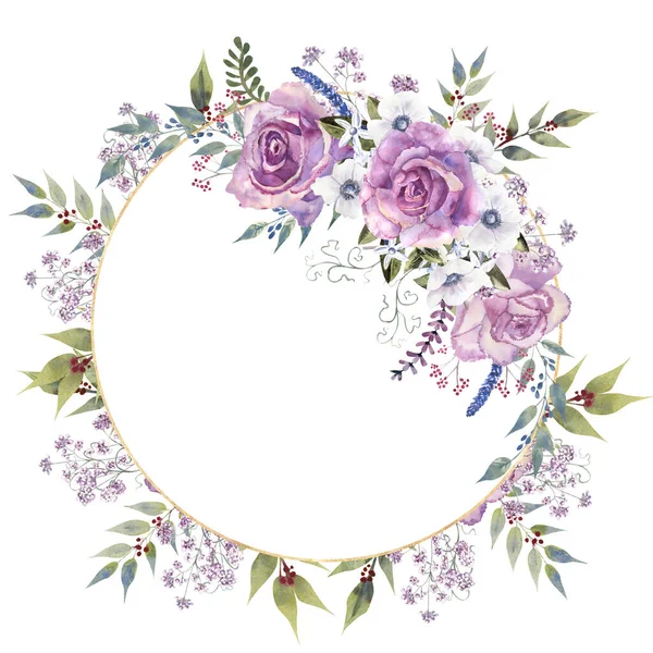 Marco floral geométrico con rosas moradas y anémonas en un jarrón de vidrio sobre un fondo blanco aislado. Acuarela dibujada a mano ilustración — Foto de Stock