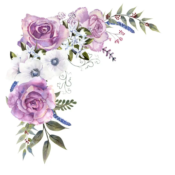 꽃다발에는 자주색 장미와 흰 바탕에 말미잘이 붙어 있다. 손으로 그린 수채화 삽화 — 스톡 사진