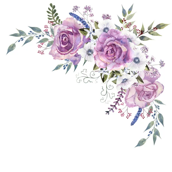Ramos de flores con rosas moradas y anémonas sobre un fondo blanco aislado. Acuarela dibujada a mano ilustración — Foto de Stock