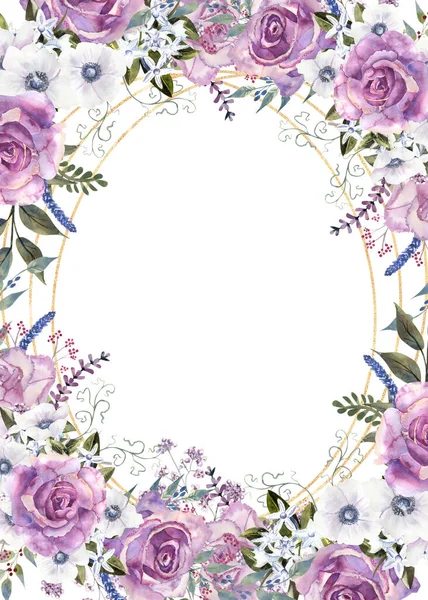 Geometric floral frame with purple roses and anemones in a glass vase on a white isolated background. Hand-drawn watercolor illustration — Stock Photo, Image