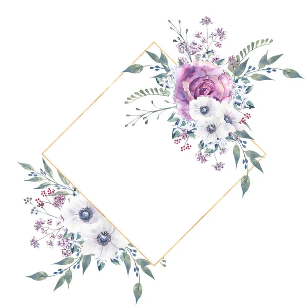 Geometric floral frame with purple roses and anemones in a glass vase on a white isolated background. Hand-drawn watercolor illustration — Stock Photo, Image