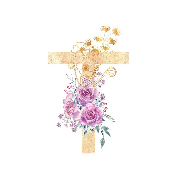 Letra dorada t del alfabeto inglés con un ramo de rosas púrpura y anémonas sobre un fondo blanco aislado. Acuarela dibujada a mano ilustración — Foto de Stock