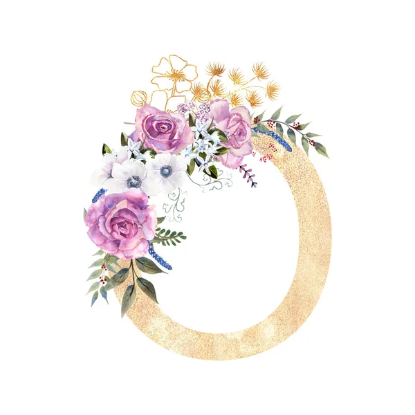 Złota litera O angielskiego alfabetu z bukietem fioletowych róż i anemonów na białym, odizolowanym tle. Ręcznie rysowane ilustracja akwarela — Zdjęcie stockowe