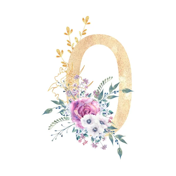 Diseño de una figura dorada con ramos de flores de rosas púrpuras, anémonas, etc. Decoración. Ilustración en acuarela sobre fondo blanco. Invitaciones de boda y cumpleaños — Foto de Stock