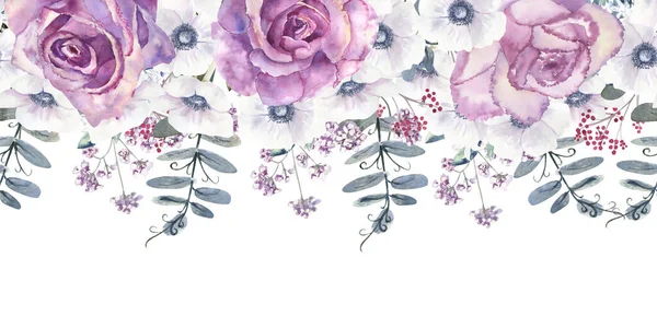 Απρόσκοπτα σύνορα με μωβ τριαντάφυλλα και ανεμώνες. Χειροποίητη απεικόνιση ακουαρέλας — Φωτογραφία Αρχείου