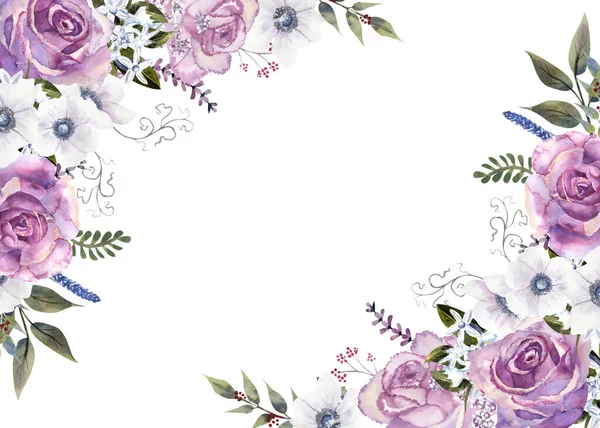 Γεωμετρικό φλοράλ πλαίσιο με μωβ τριαντάφυλλα και ανεμώνες σε γυάλινο βάζο σε λευκό απομονωμένο φόντο. Χειροποίητη απεικόνιση ακουαρέλας — Φωτογραφία Αρχείου