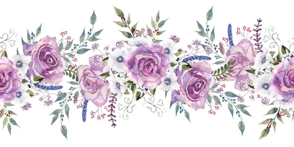 Seamless border with purple roses and anemones. Hand-drawn watercolor illustration — Stock Photo, Image