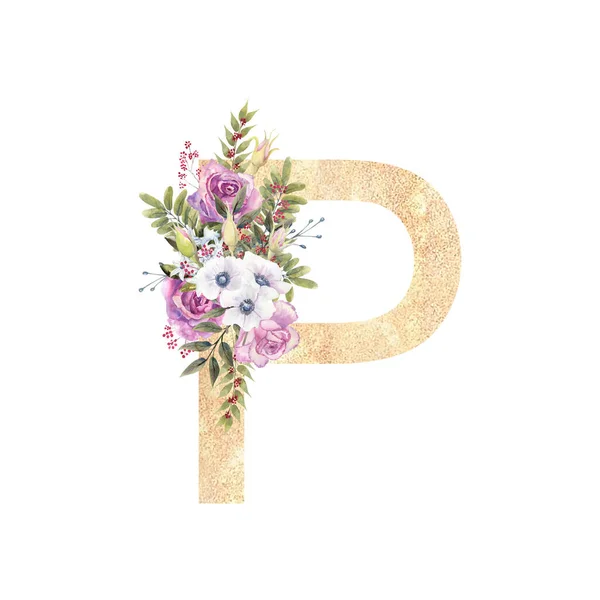 Gouden letter P van het Engelse alfabet met een boeket paarse rozen en anemonen op een witte geïsoleerde achtergrond. Handgetekende aquarelillustratie — Stockfoto