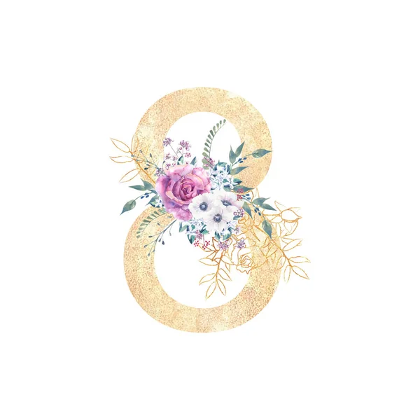 Diseño de un número dorado 8 con ramos de flores de rosas púrpuras, anémonas, etc. Decoración. Ilustración en acuarela sobre fondo blanco. Invitaciones de boda y cumpleaños — Foto de Stock